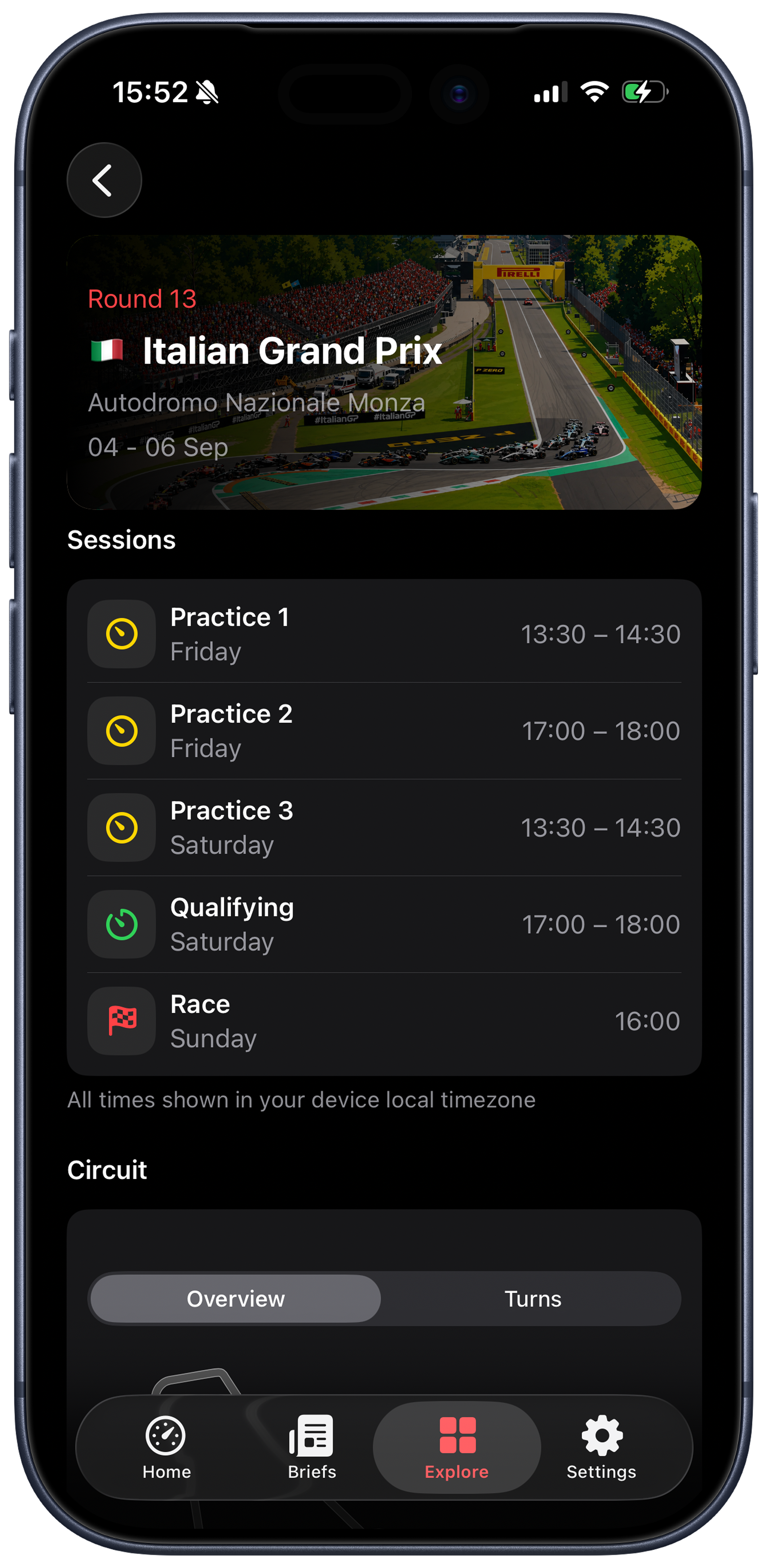 Race Weekend Grand Prix details and circuit screen