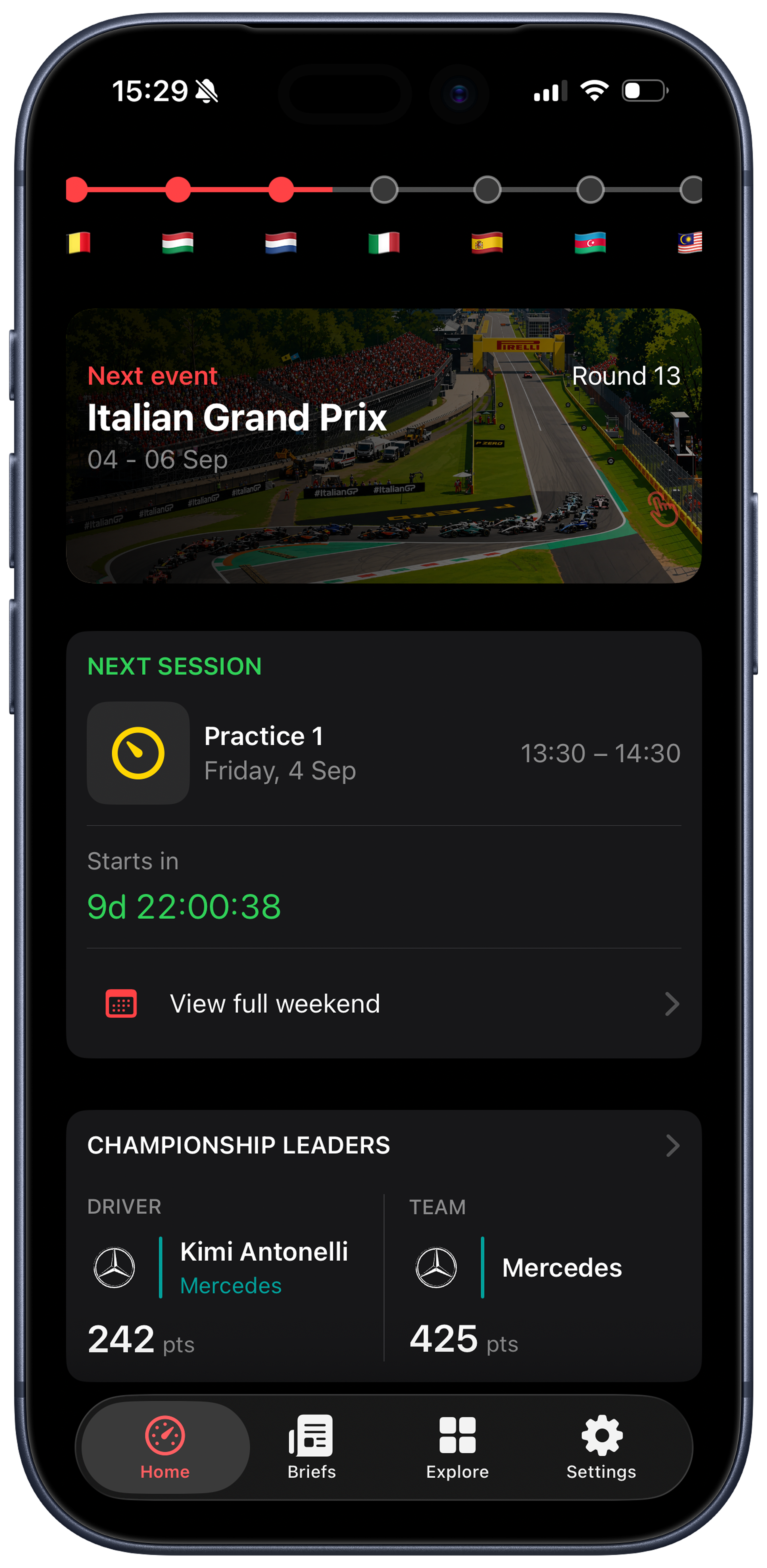 Race Weekend app showing the next Grand Prix and next session